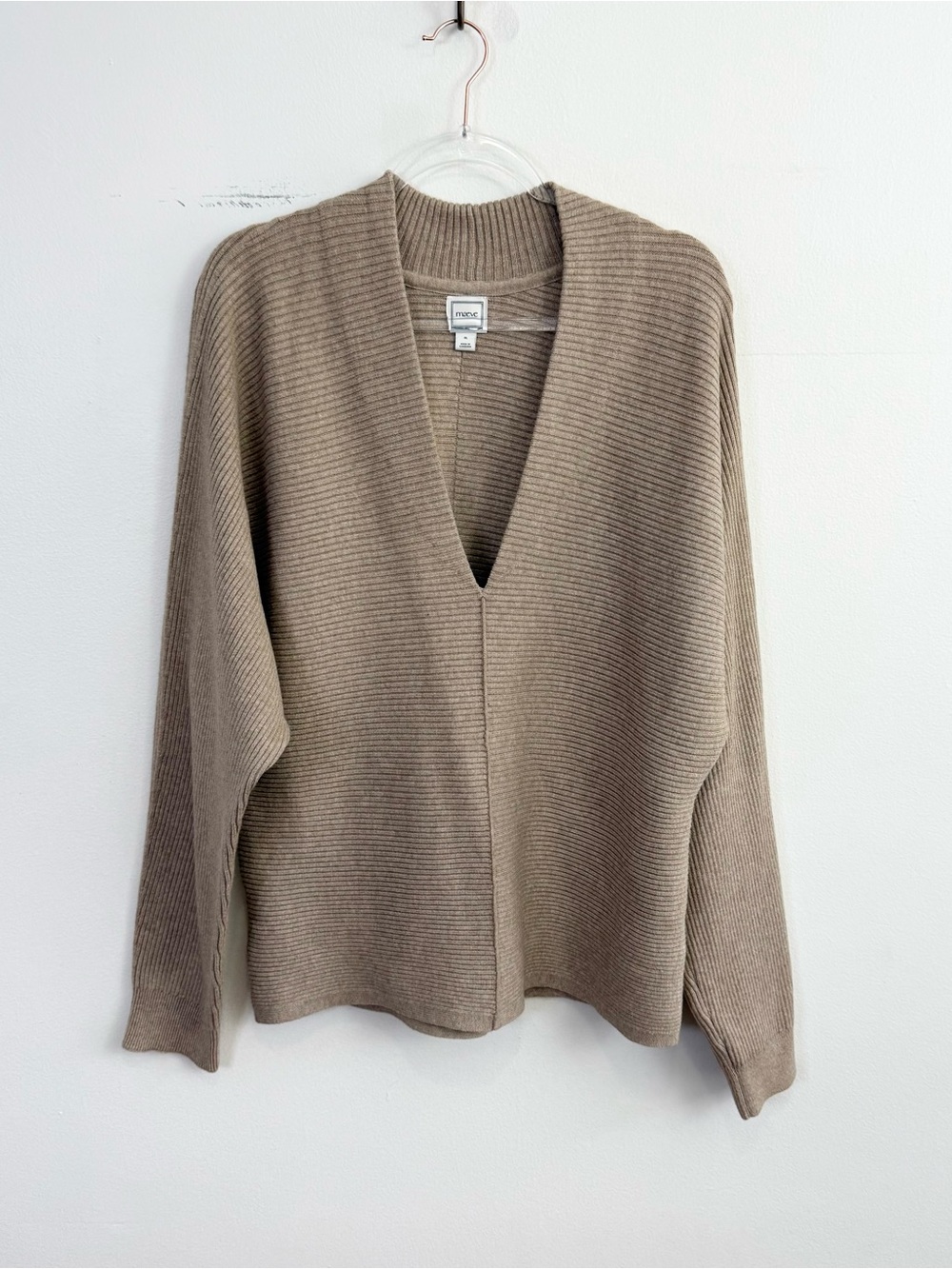 Maeve Anthropologie Plunge Neck Seamed Sweater XL Beige Oversized Ribbed - Picture 2 of 6